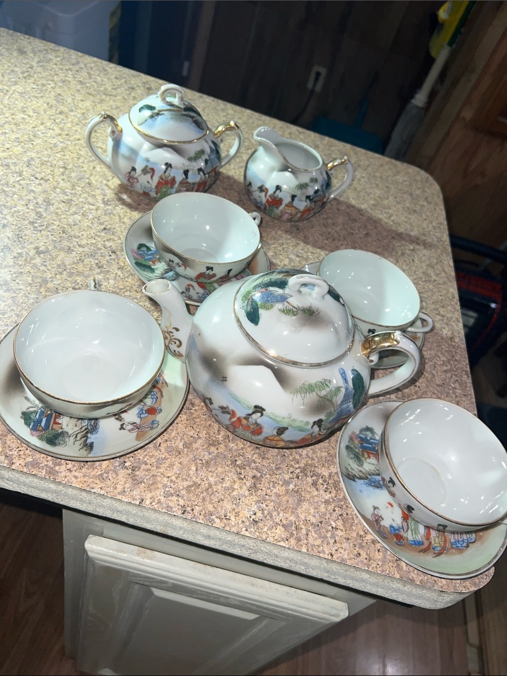 Vintage Nippon Handpainted Geisha Porcelain Tea Set-With Multicolor Scenic Motif